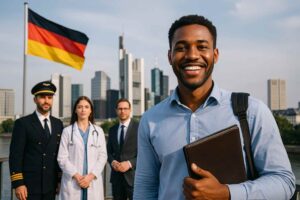Un homme souriant tient une pochette en cuir, debout devant la ligne d’horizon de Francfort et un drapeau allemand flottant. Derrière lui, un pilote, une médecin et un cadre illustrent des professions bien rémunérées en Allemagne.