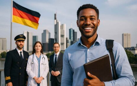 Un homme souriant tient une pochette en cuir, debout devant la ligne d’horizon de Francfort et un drapeau allemand flottant. Derrière lui, un pilote, une médecin et un cadre illustrent des professions bien rémunérées en Allemagne.